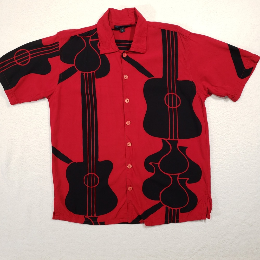 Tropical‎ Tantrum Guitar Shirt Mens Small Red Black Rayon Hawaiian Art To Wear